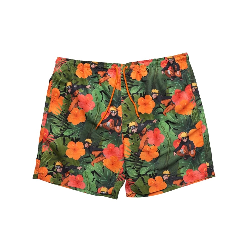 Naruto Shippuden Swim‎ Trunks Mens XL Green Floral Hibiscus Anime Mesh Lining